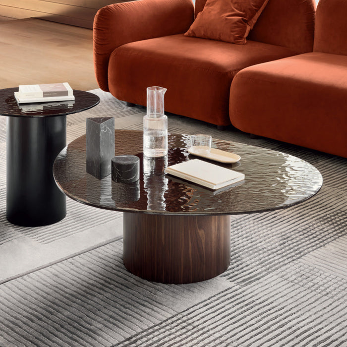 Mesa de centro mushroom cristal ahumado con base nogal