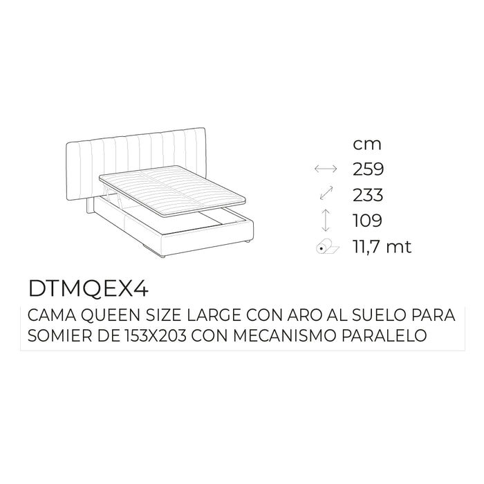 cama queen size kilian large con aro al suelo y mecanismo paralelo